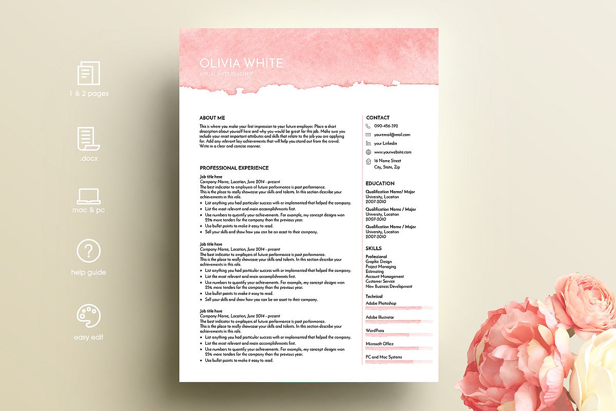 resume template    pink watercolor    feminine