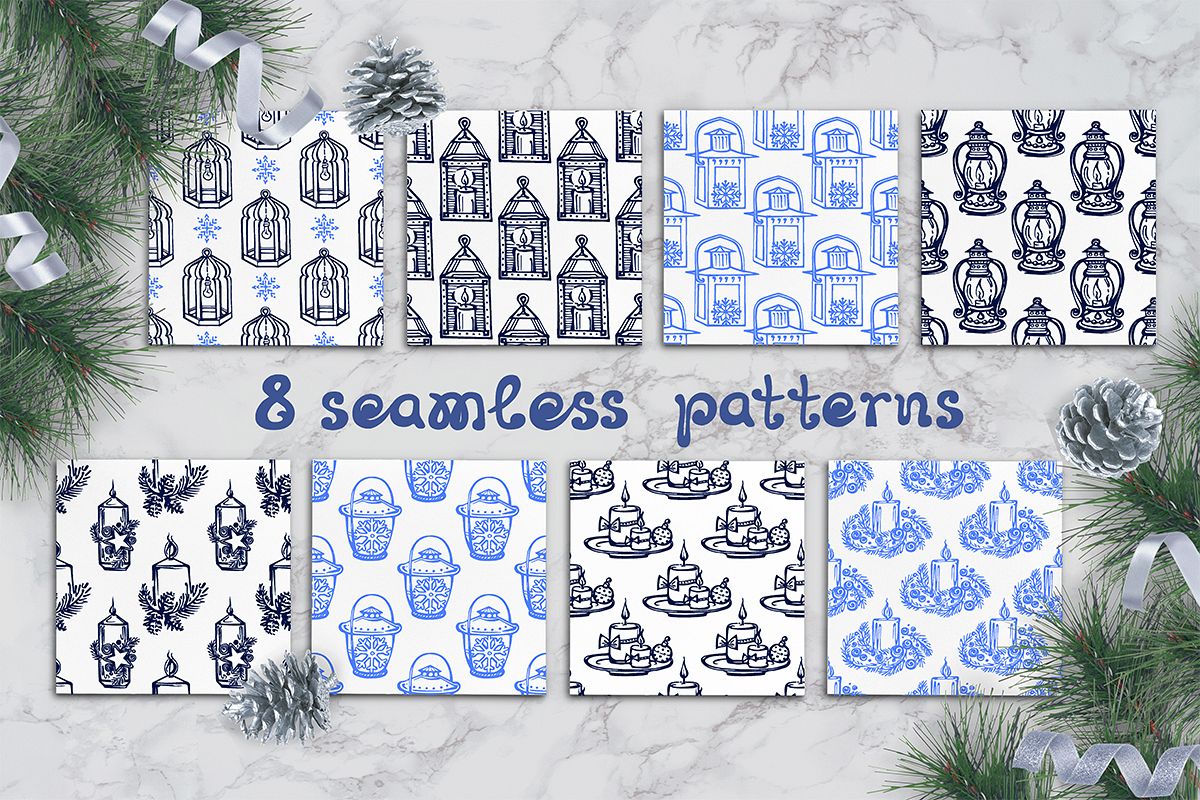 8 hand drawn seamless patterns with candles and lanterns example image 1