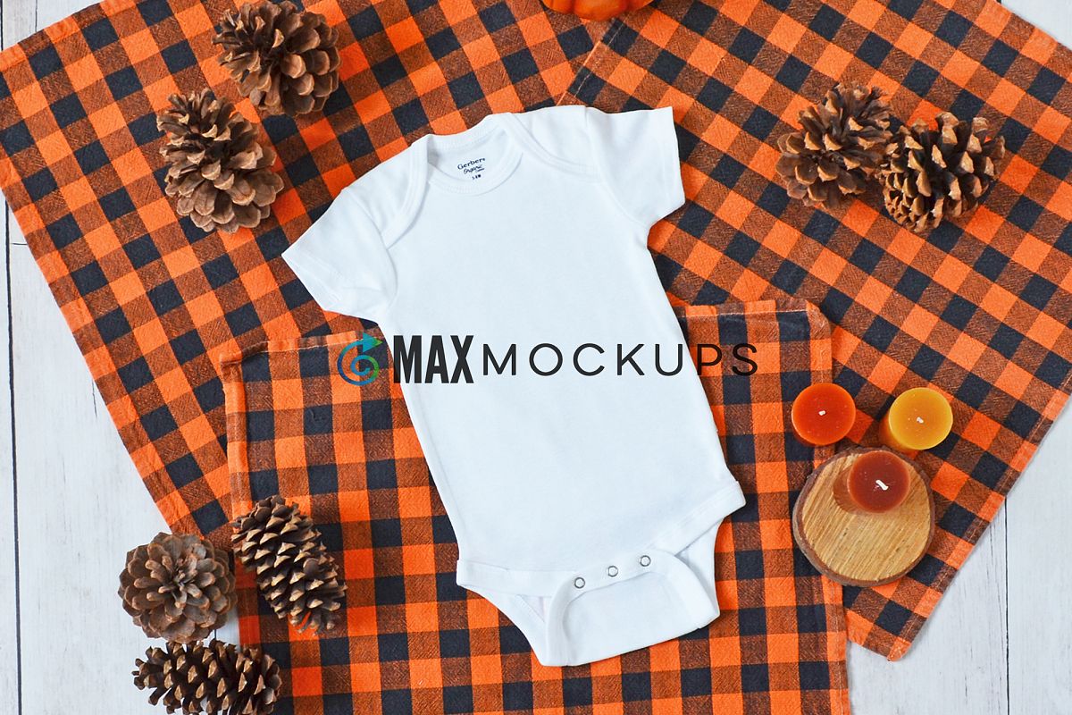 Baby bodysuit Mockup, orange plaid, flatlay stock photo example image 1