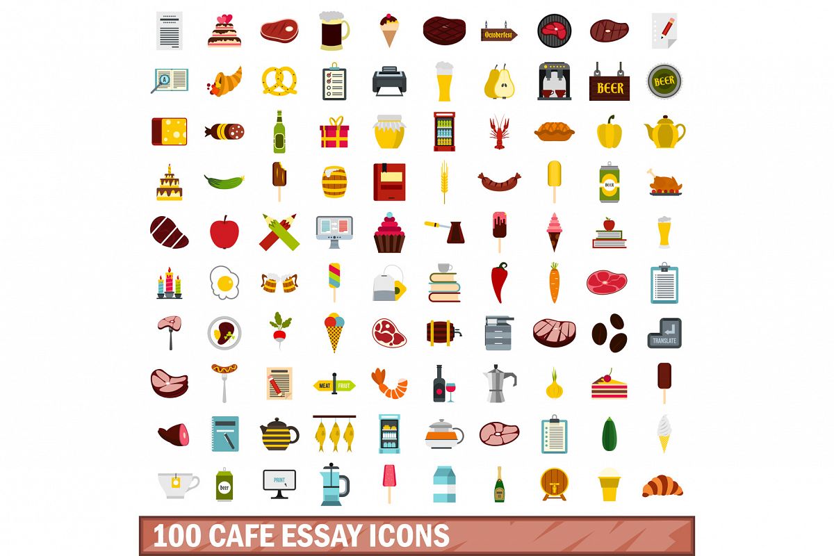 100 cafe essay icons set, flat style example image 1