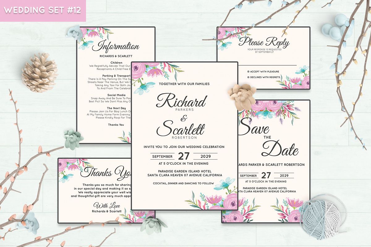 Wedding Invitation Set #12 Watercolor Floral Flower Style example image 1