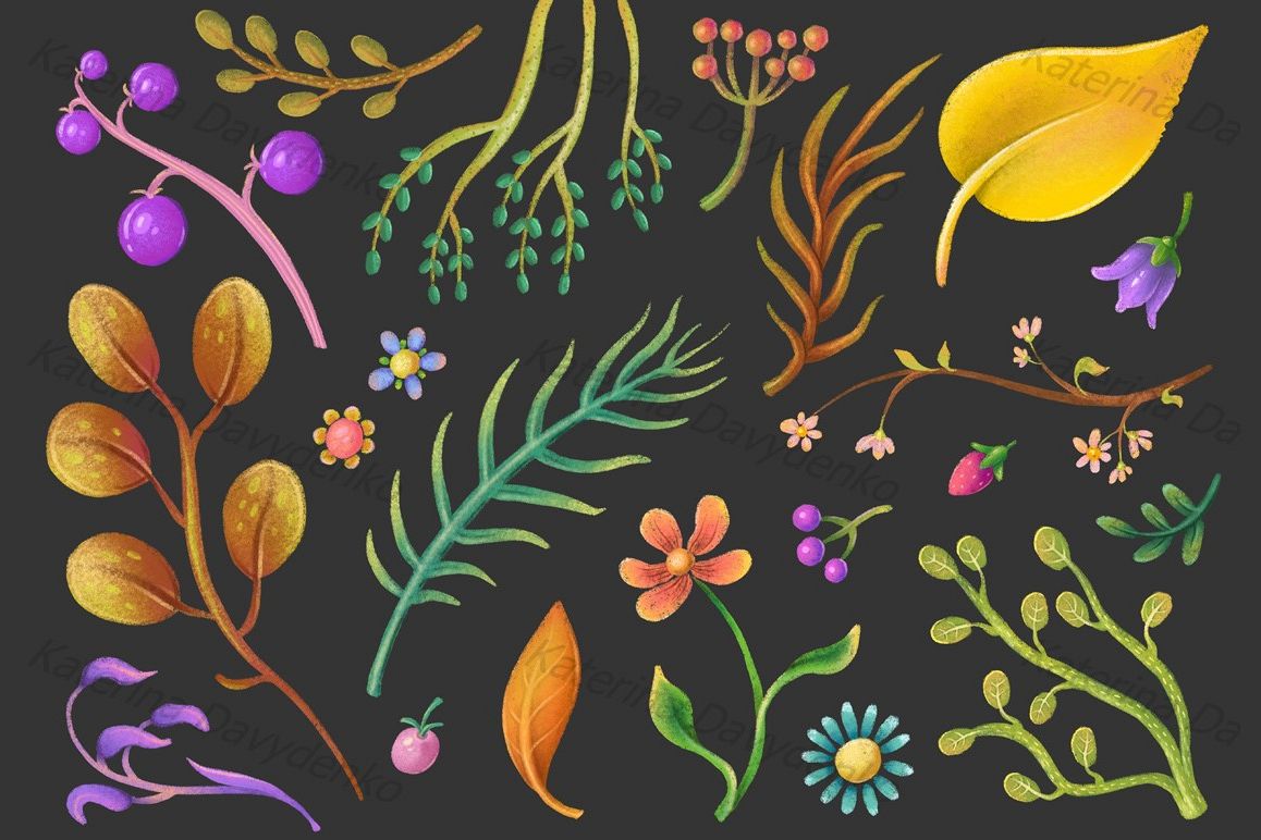 Set of pastel plant elements, flowers, leaves, flora clipart example image 1