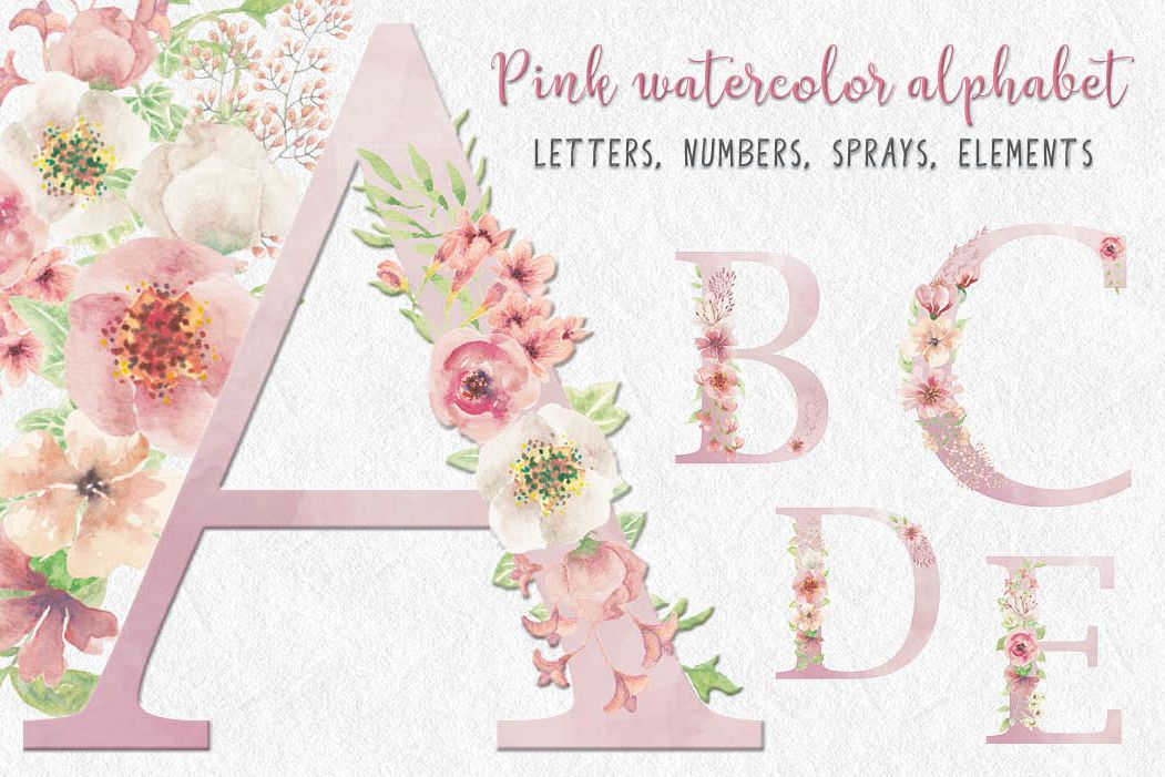 Pink watercolor alphabet, numbers and sprays + FREEBIE! example image 1