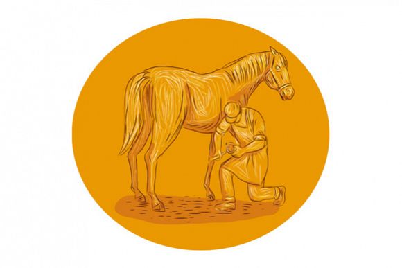 Farrier Placing Shoe on Horse Hoof Circle Drawing example image 1
