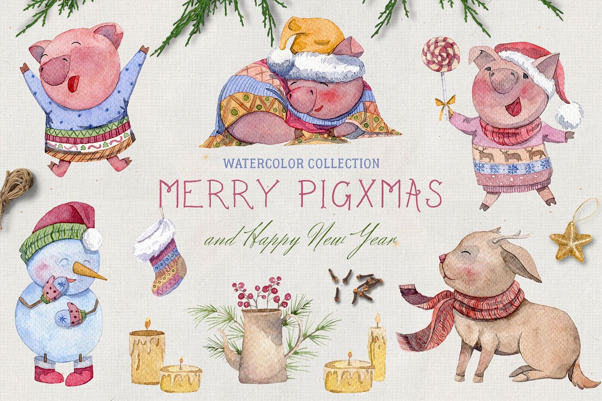 Merry pigsmas. Watercolor collection example image 1
