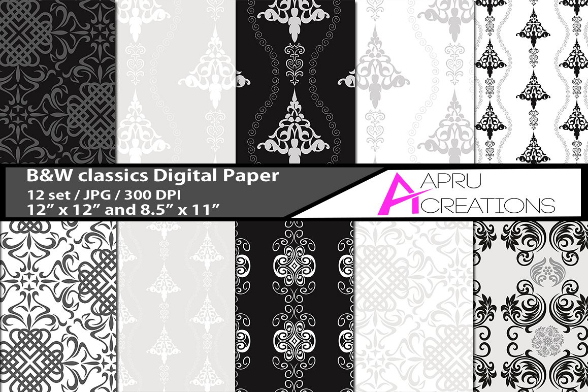 B&W classic digital papers, B&W classic pattern, digital papers, high quality 300 dpi, 12 x 12 inch , and 8.5 x 11 inch example image 1