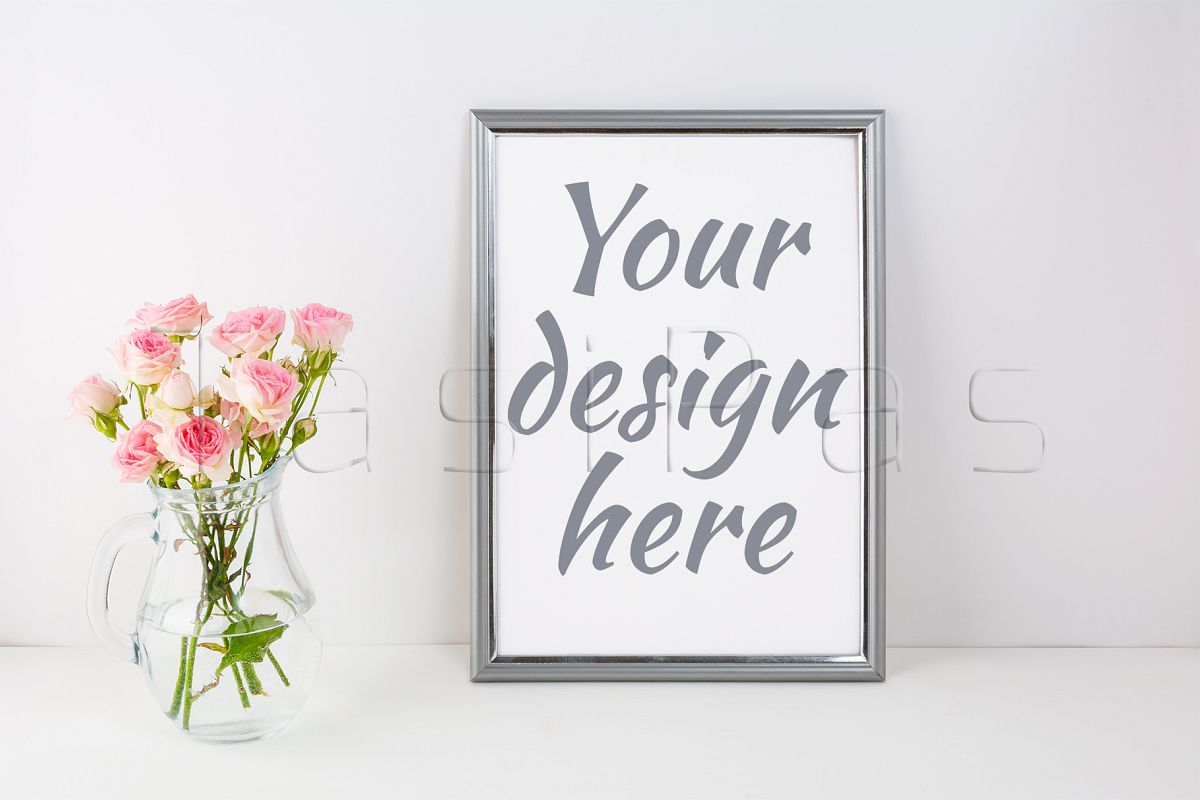 Silver frame mockup with pink roses example image 1