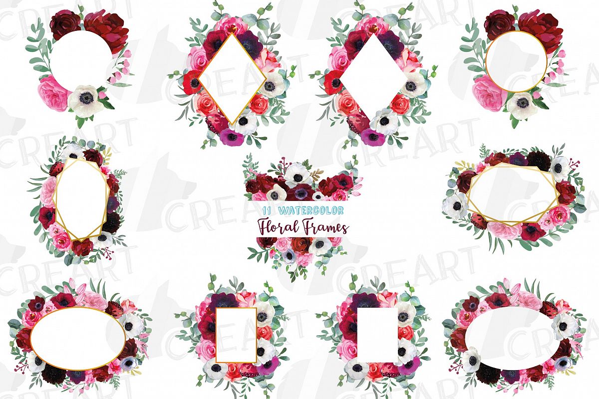 Watercolor elegant floral borders, rose, anemone frames example image 1