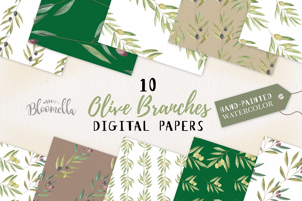 Olive Branches Seamless Patterns Digital Papers Greenery example image 1