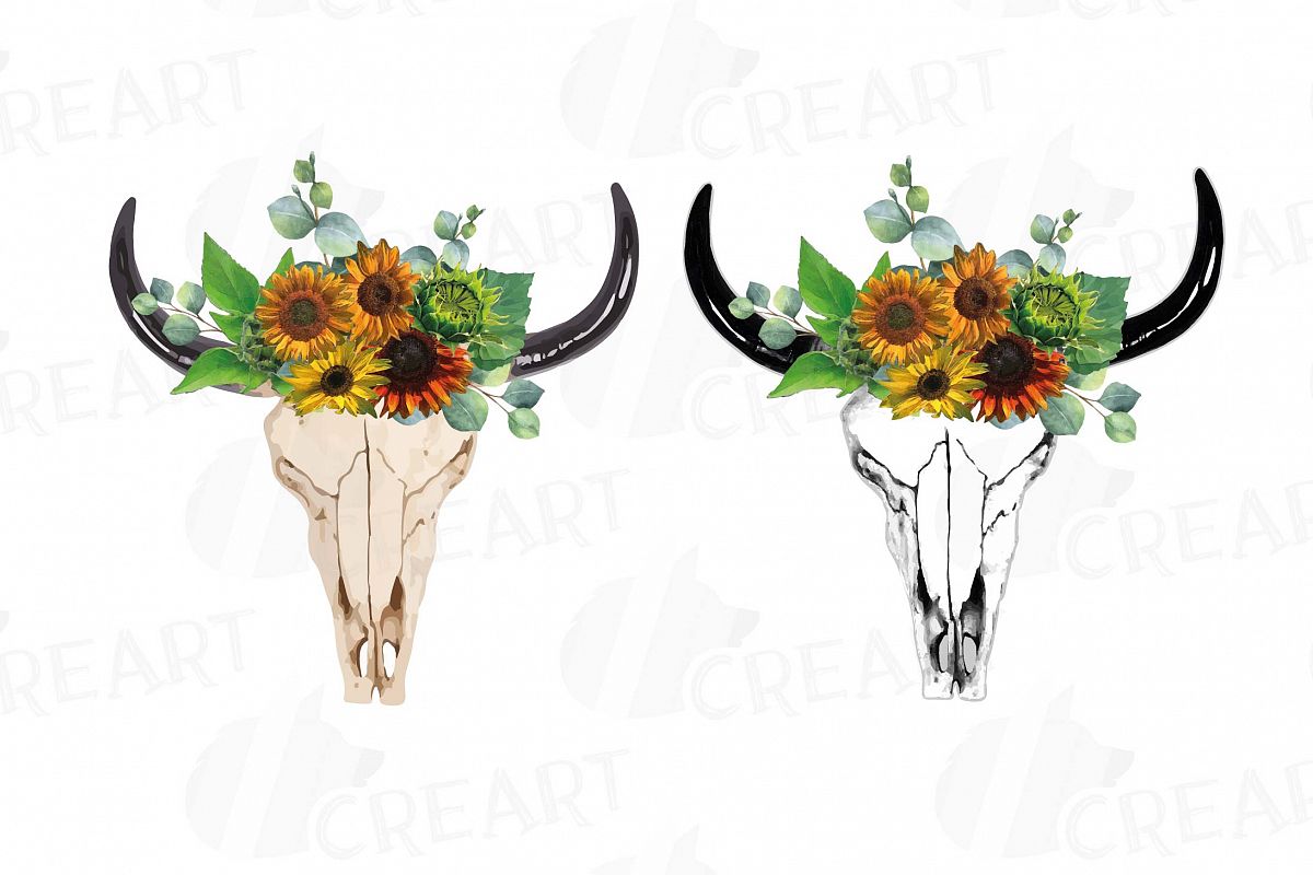 Download Bull Skull with sunflowers clipart, Tribal floral bull skull
