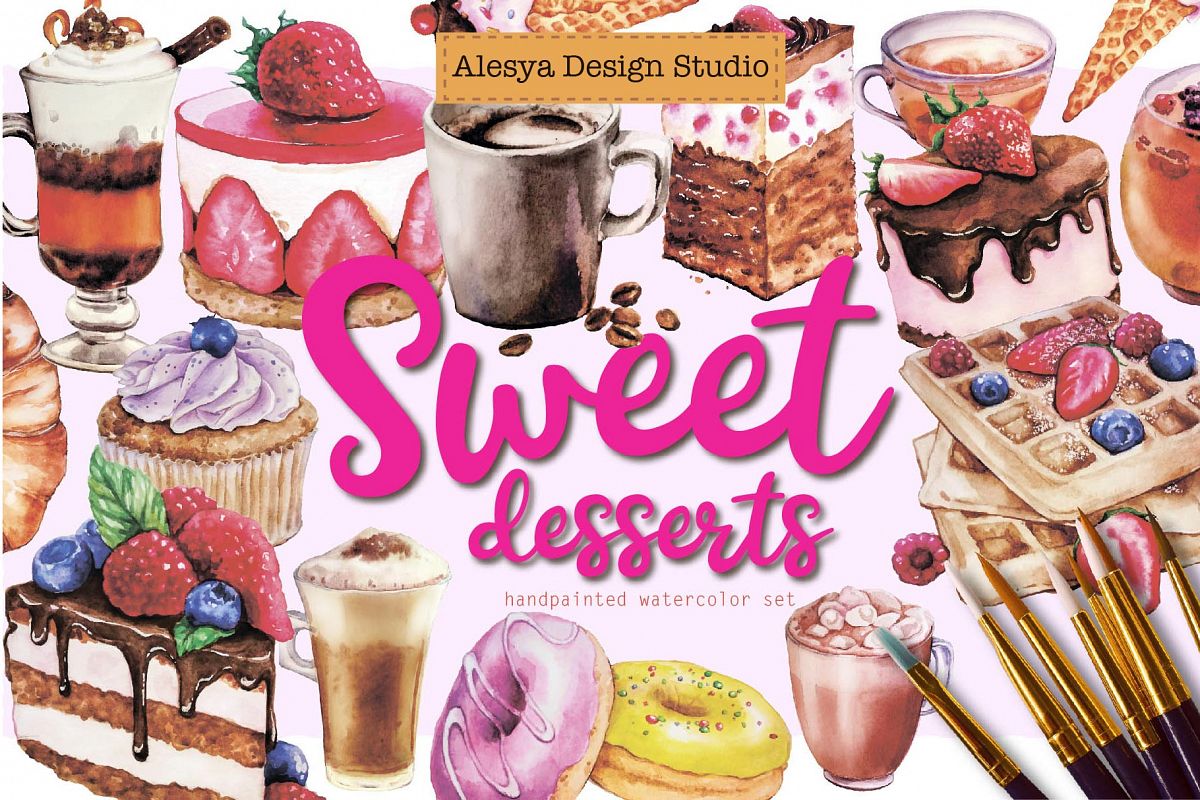 Sweet desserts - watercolor illustrations cakes and coffee example image 1
