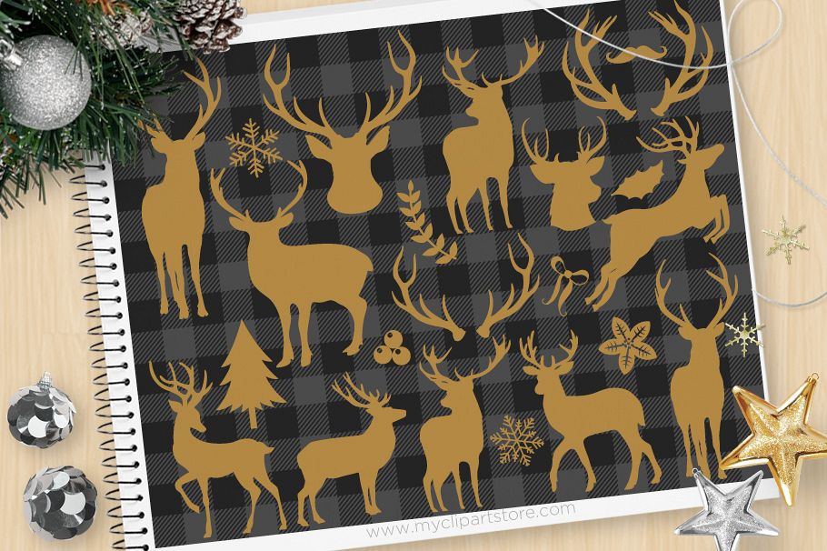 Reindeer Silhouettes, Buffalo Check - Vector Clipart & SVG example image 1