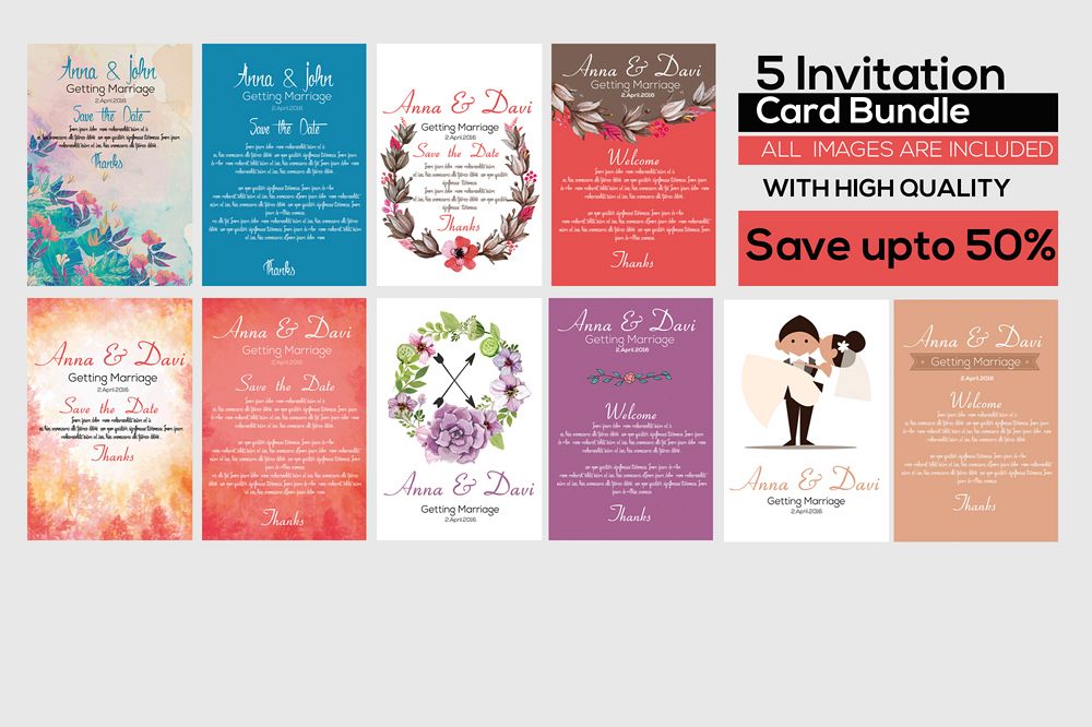 5 Double sided Save the Date Invitation Cards Bundle example image 1
