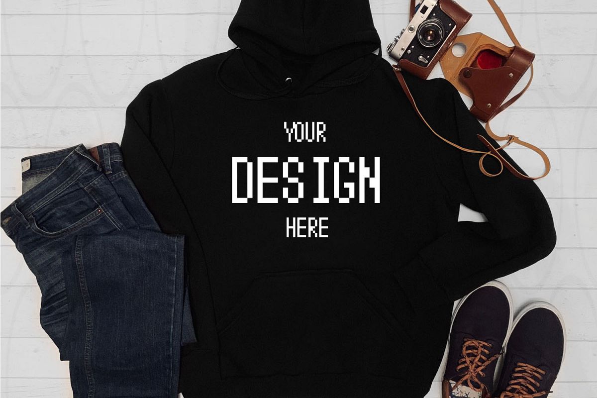 Blank black Hoodie mockup Jeans Photo camera Flat lay example image 1