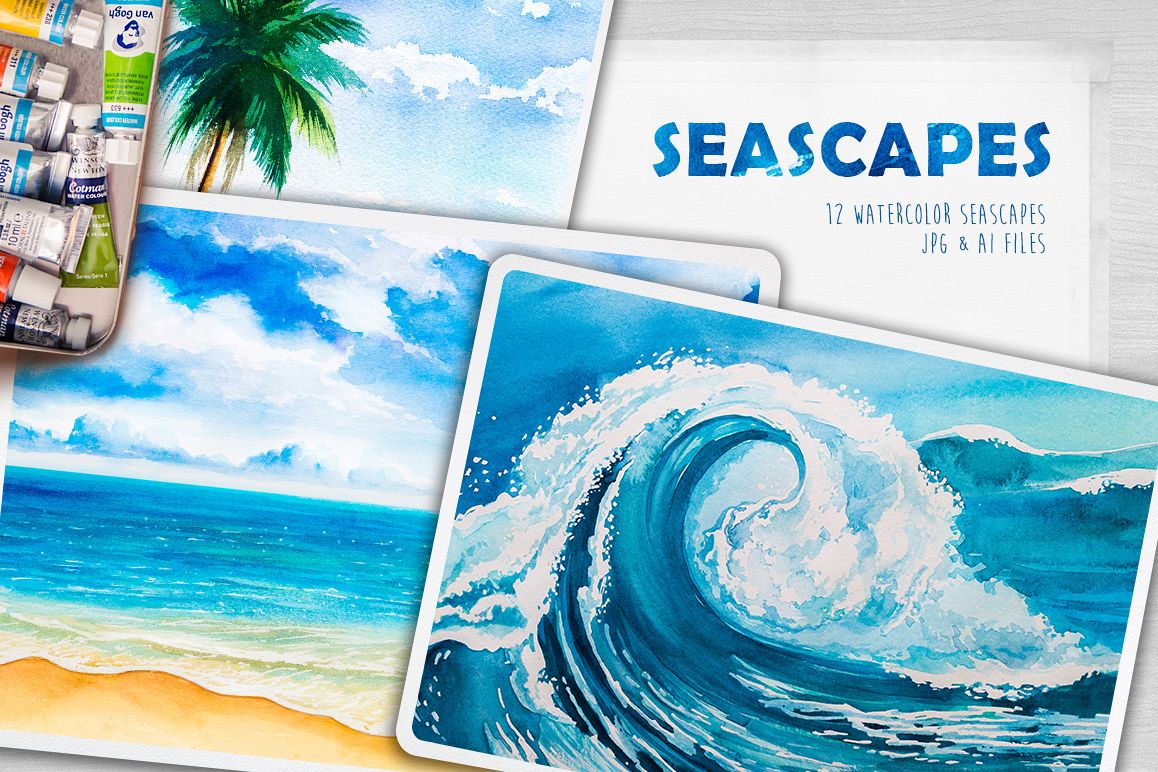 Seascapes. Watercolor illustrations. example image 1