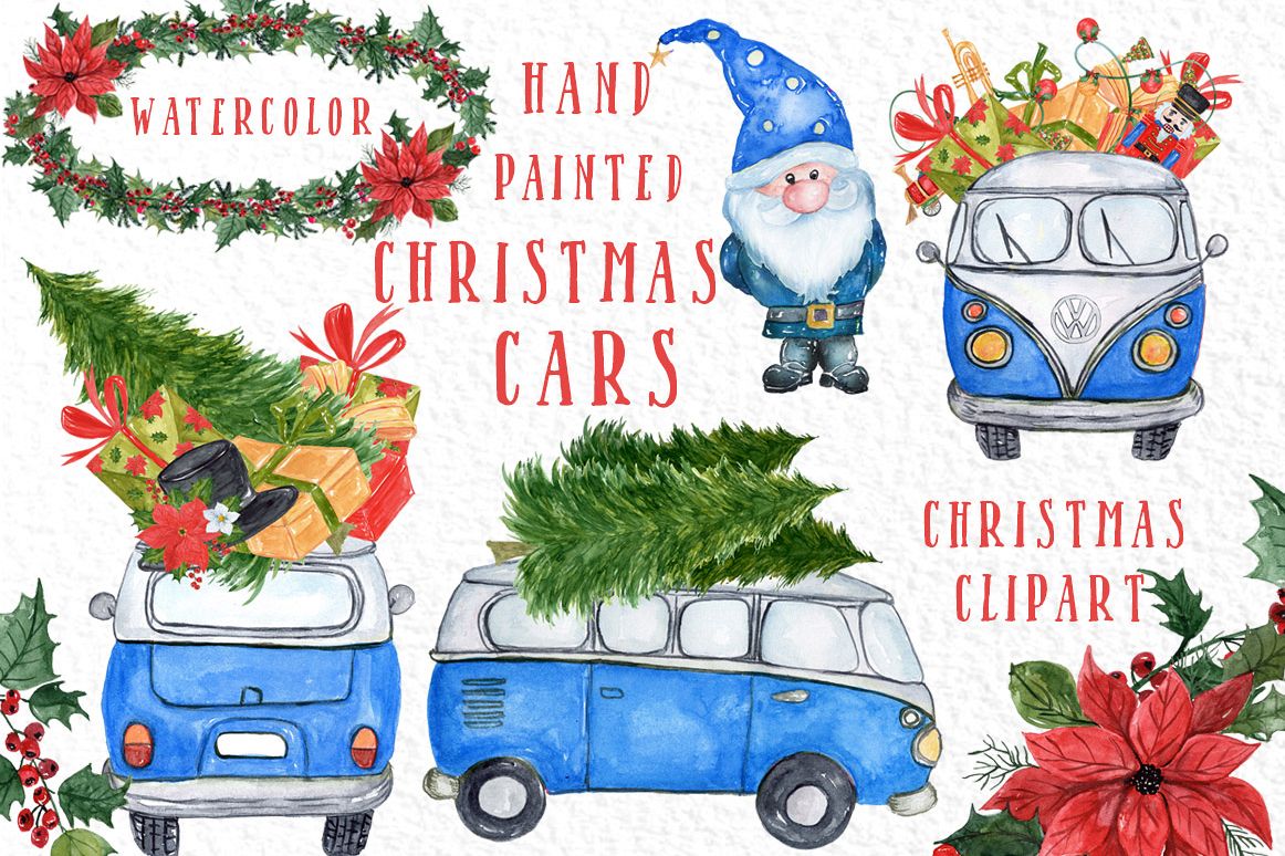 Watercolor Christmas Cars clipart example image 1