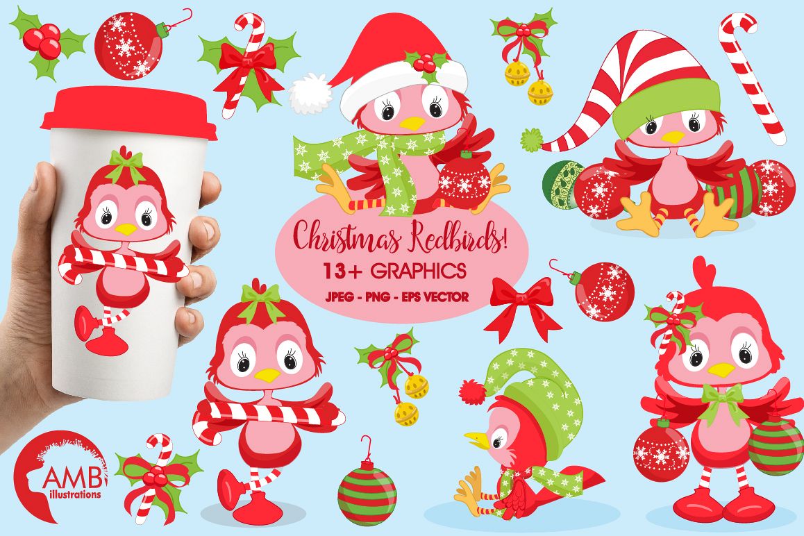 Christmas red birds clipart, graphics, illustrations AMB-193 example image 1