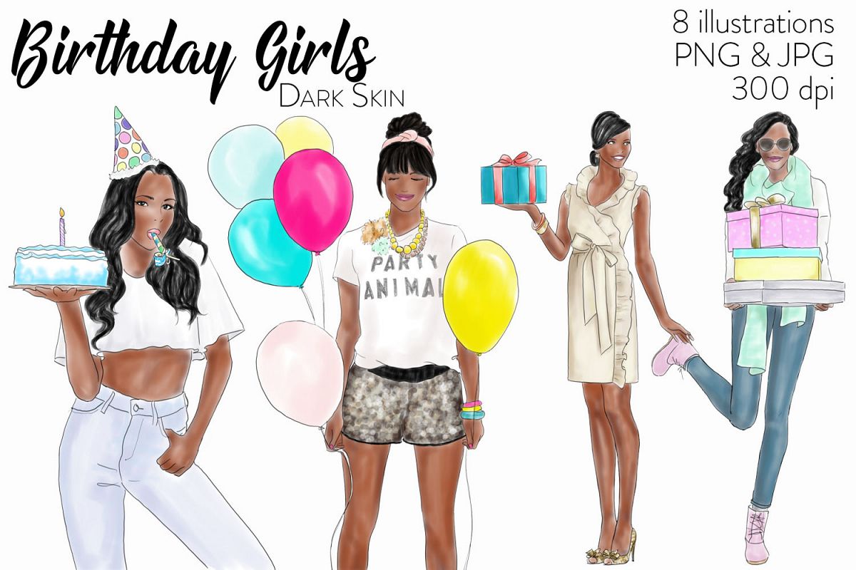 Watercolour fashion illustration clipart - Birthday girls - Dark Skin example image 1