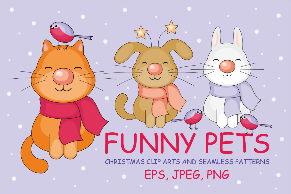 Funny pets. Christmas clip arts and seamless patterns. example image 1