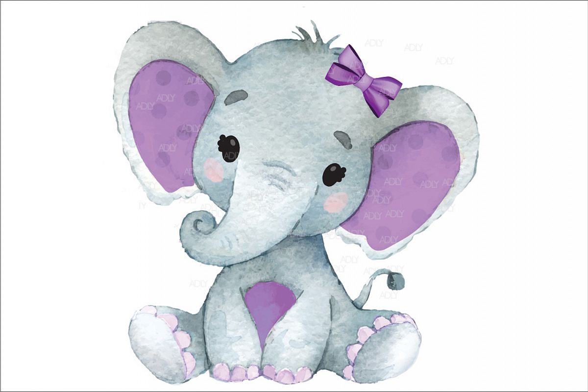 Download Cute Baby Girl Elephant with Purple Ears in Vector, JPEG ...