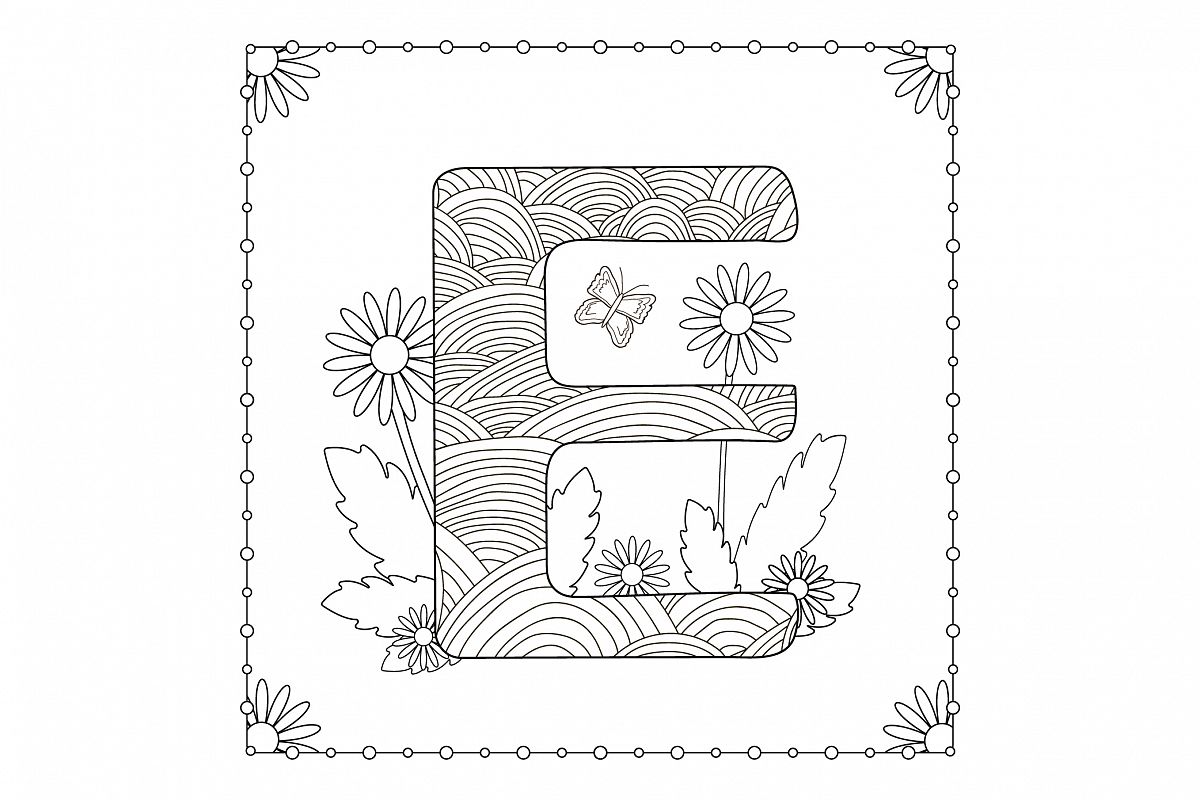 Letter E. Flowers. Coloring page. example image 1