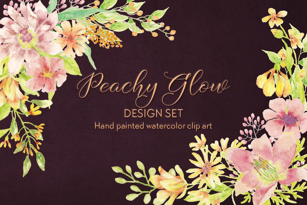 'Peachy Glow' watercolor clip art bundle example image 1