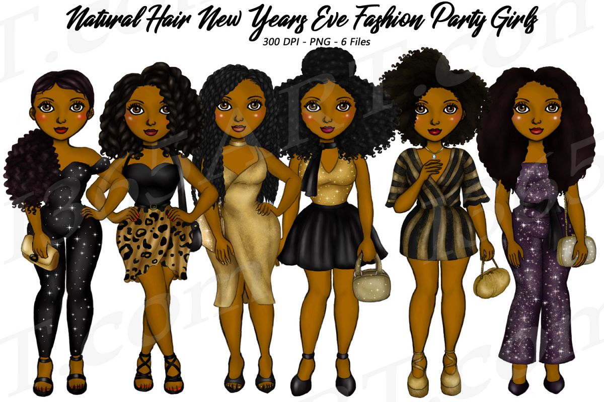 New Years Eve Party Black Girls Natural Hair Fashion Clipart example image 1