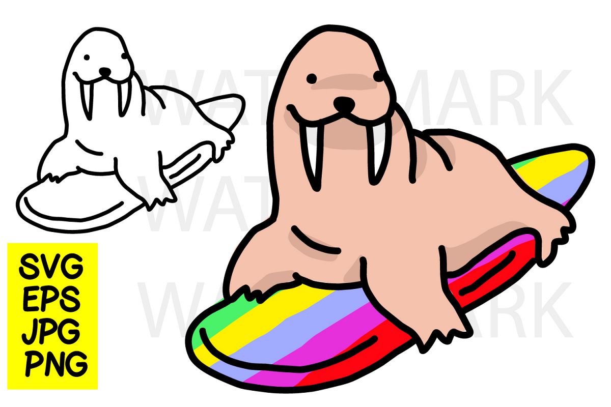 Walrus surfing- SVG-EPS-JPG-PNG example image 1