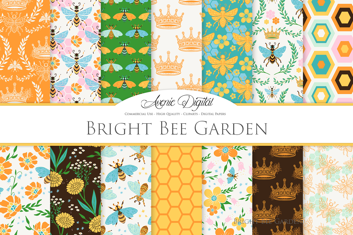 Bright Bee Garden Seamless Vector Patterns and Digital Paper example image 1