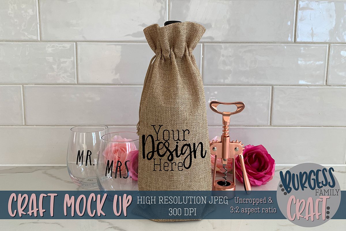 Wine bag w/glasses craft mock up |High Resolution JPEG example image 1
