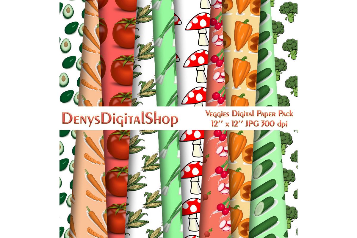 Yummy Veggies Digital Paper Pack, Carrot, Mushroom, SALE example image 1