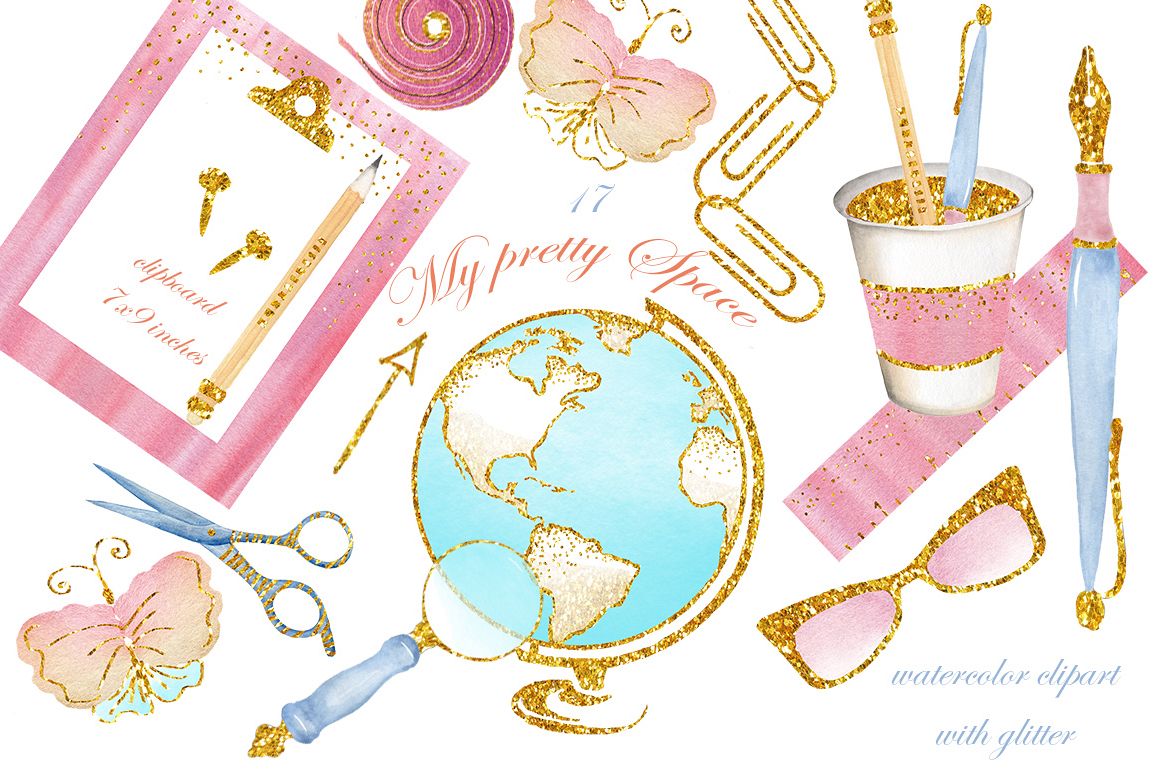 Stationary watercolor images, globe, dashboard, pen, pencil, glasses. Planner clipart. Watercolor clipart with glitter, instant download. example image 1