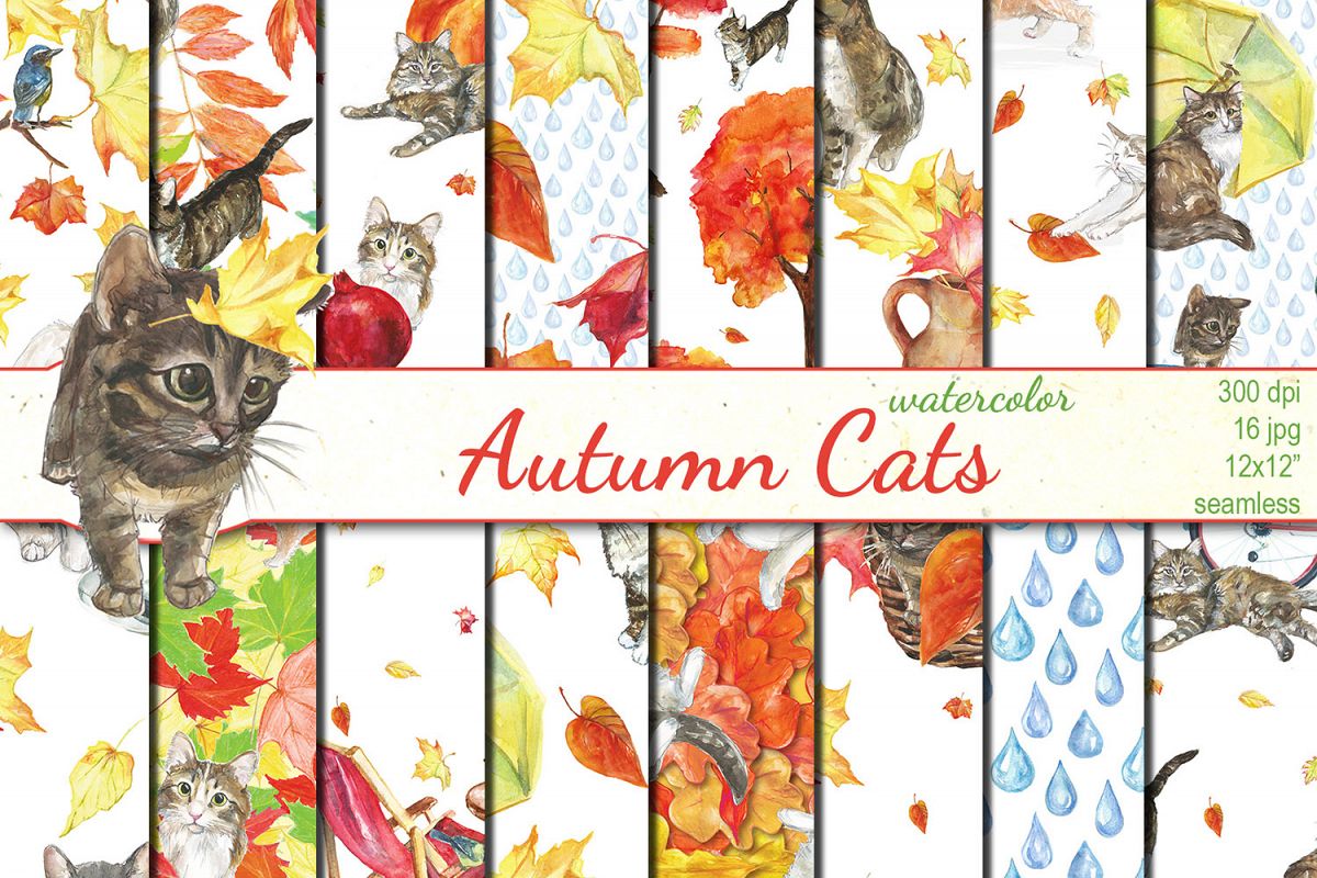 Watercolor Autumn Cats seamless patterns example image 1