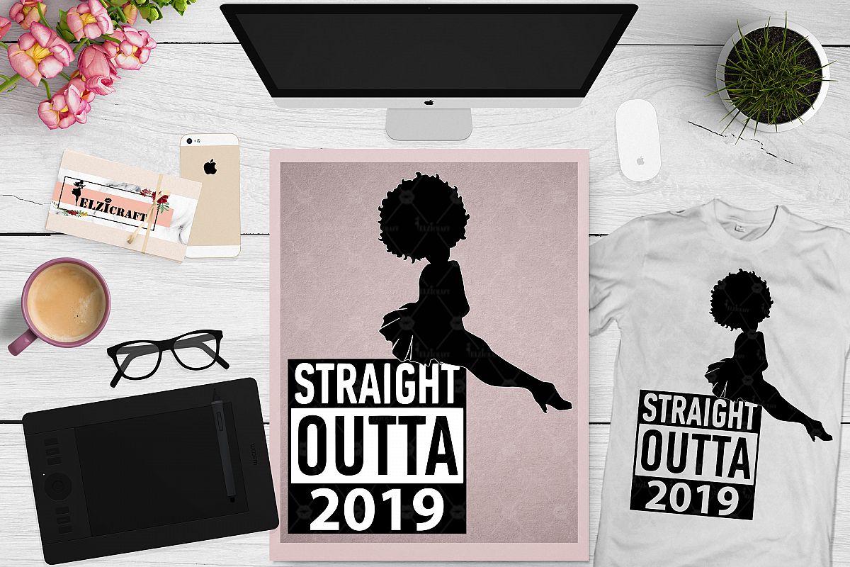 Straight Outta 2019 Afro Woman Hair Silhouette SVG Cut File example image 1