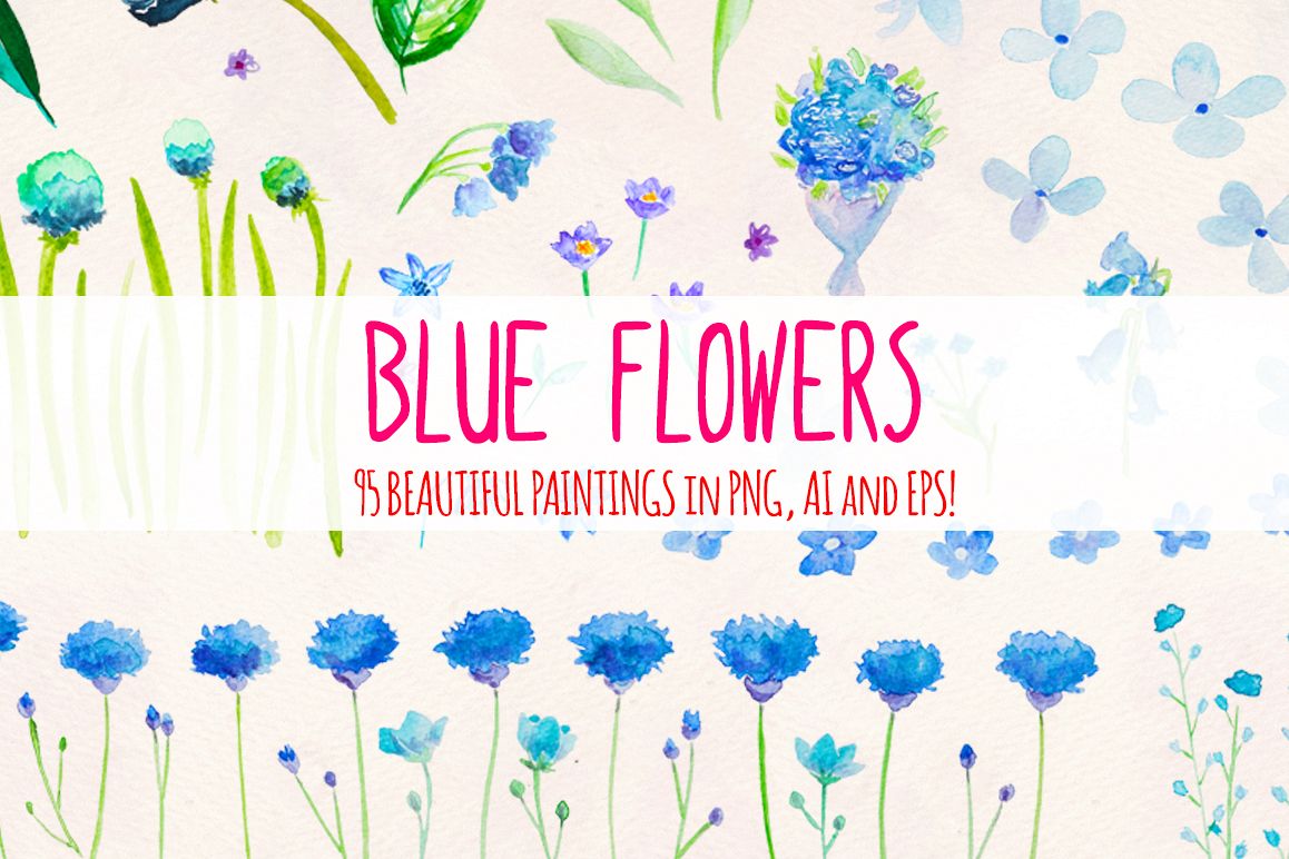 95 Blue Flower Watercolor Elements example image 1
