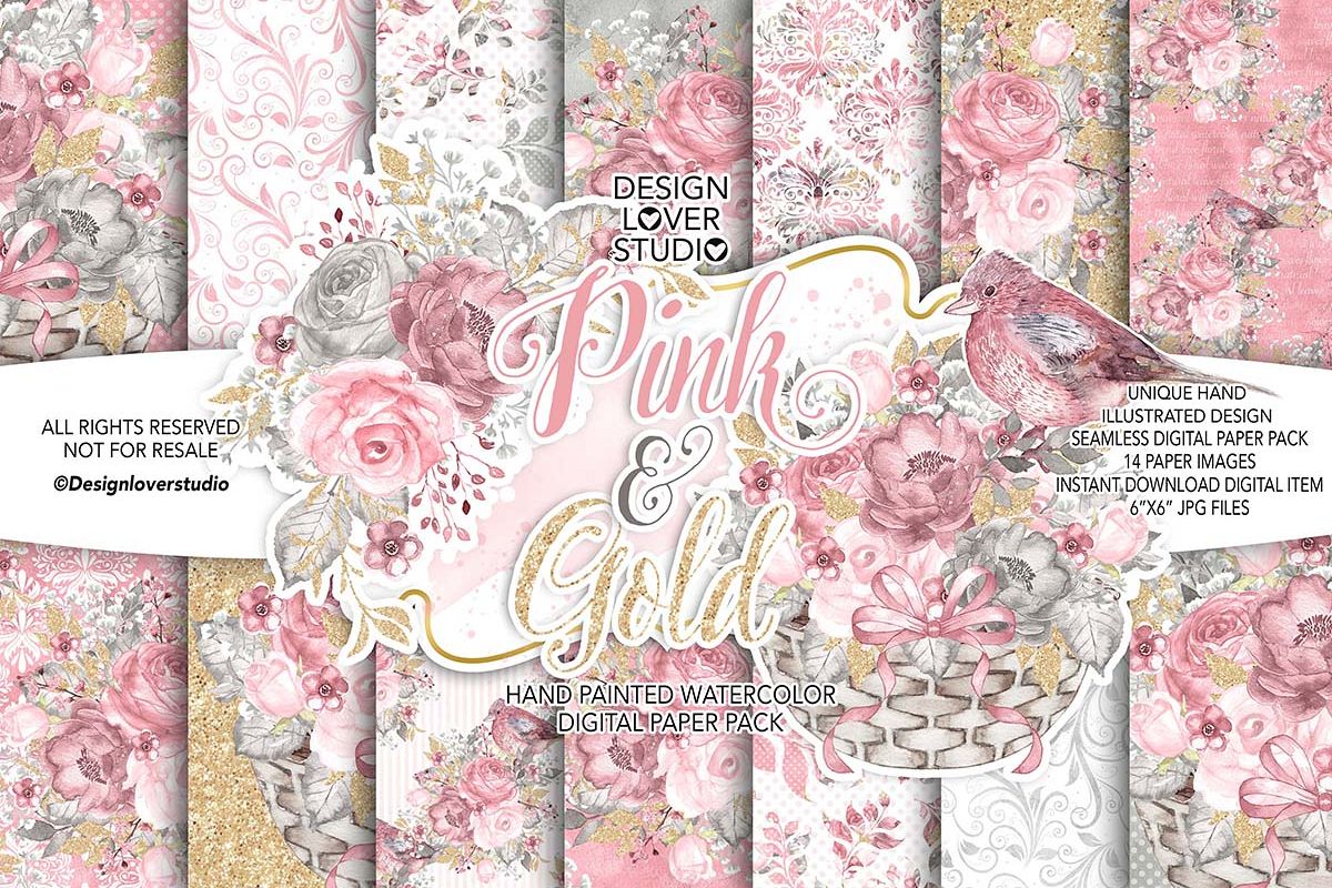 Watercolor Pink and Gold digital paper pack example image 1