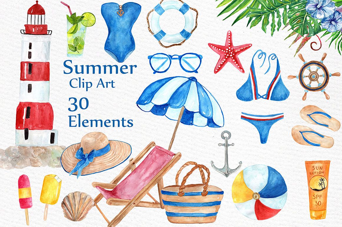 Watercolor summer clipart example image 1