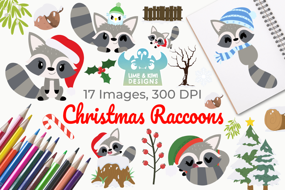 Christmas Raccoons Clipart, Instant Download Vector Art example image 1