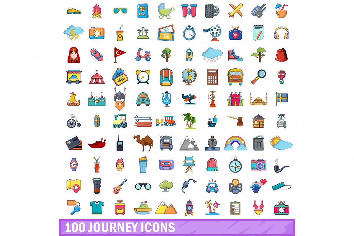 100 journey icons set, cartoon style example image 1