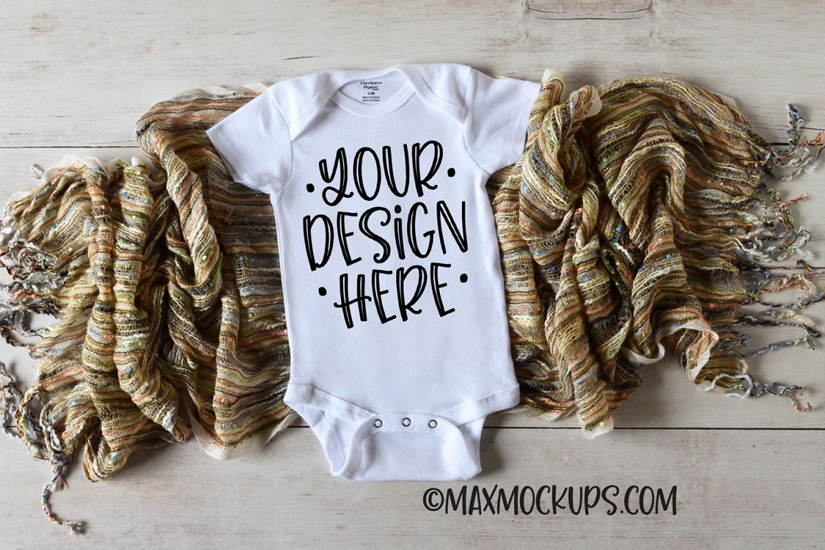 White baby bodysuit mockup with textured scarf example image 1