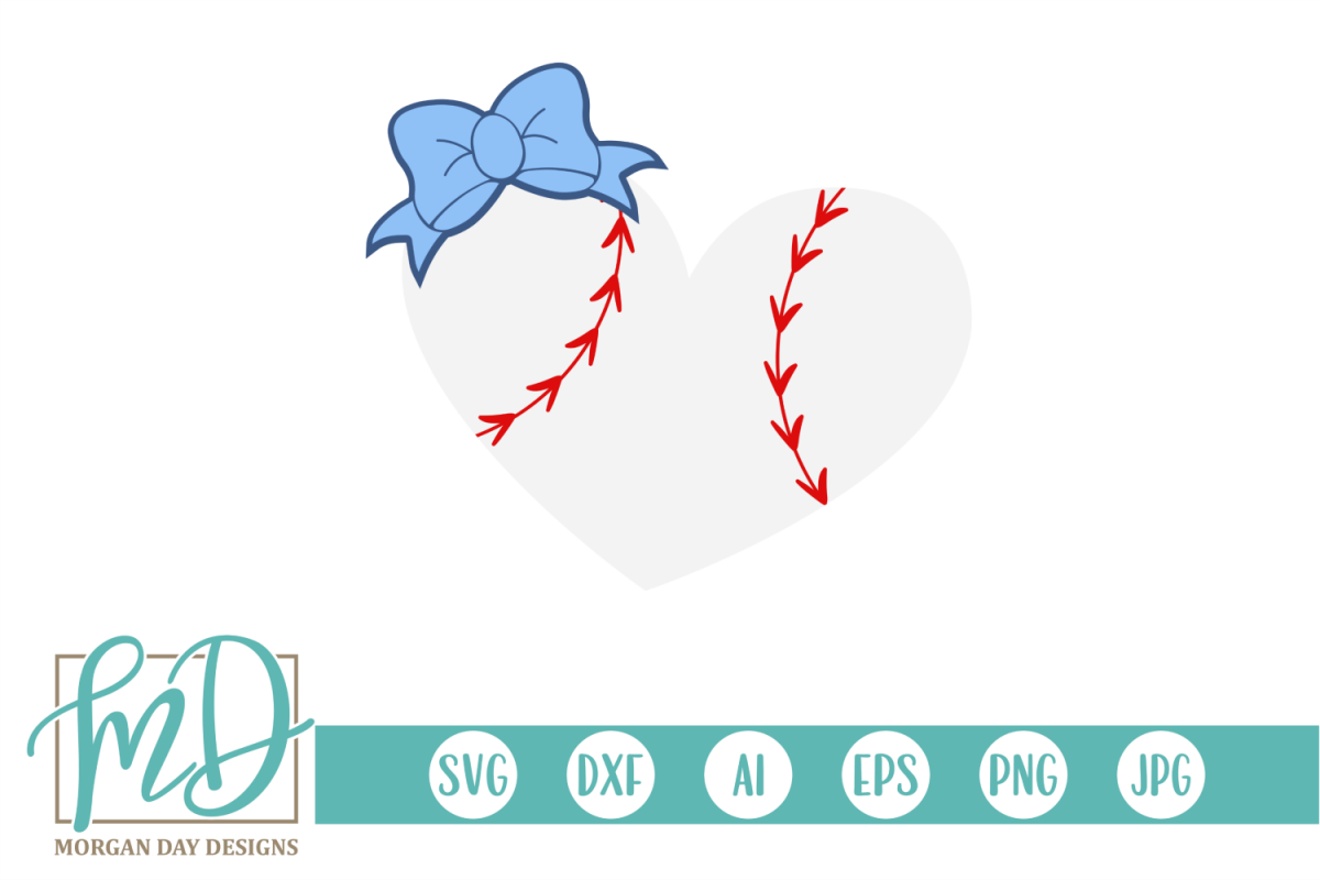 Baseball Heart with Bow SVG, DXF, AI, EPS, PNG, JPEG example image 1