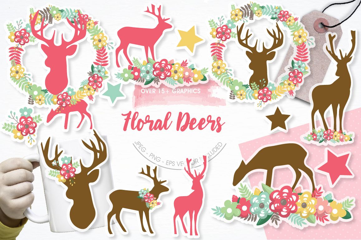 Floral Deers graphics and illustrations example image 1