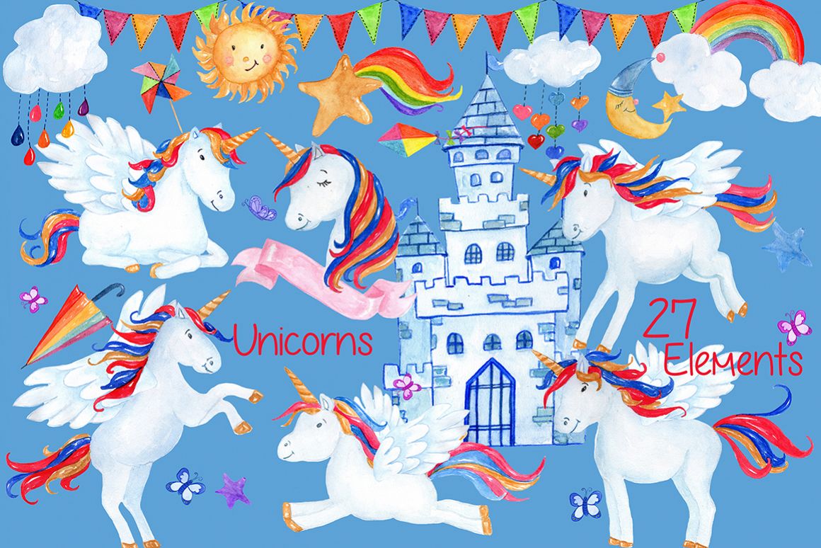 Watercolor Unicorn clipart example image 1