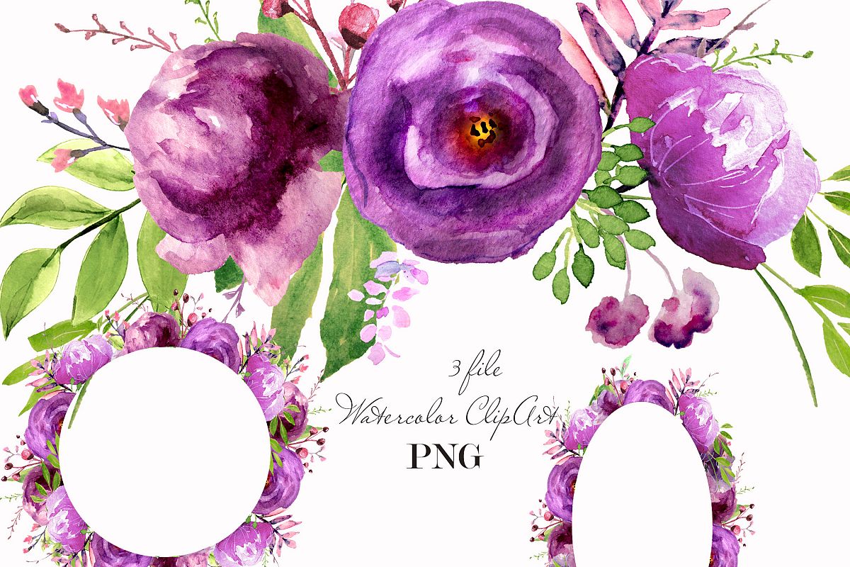 Purple Watercolor flowers clipart Wall art decor example image 1