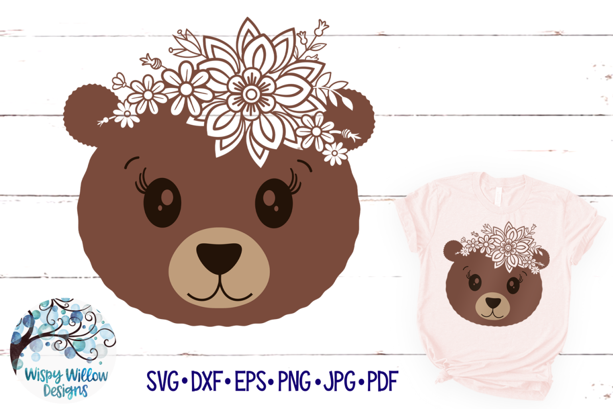 Floral Bear SVG | Cute Bear Face SVG Cut File (345853) | SVGs | Design