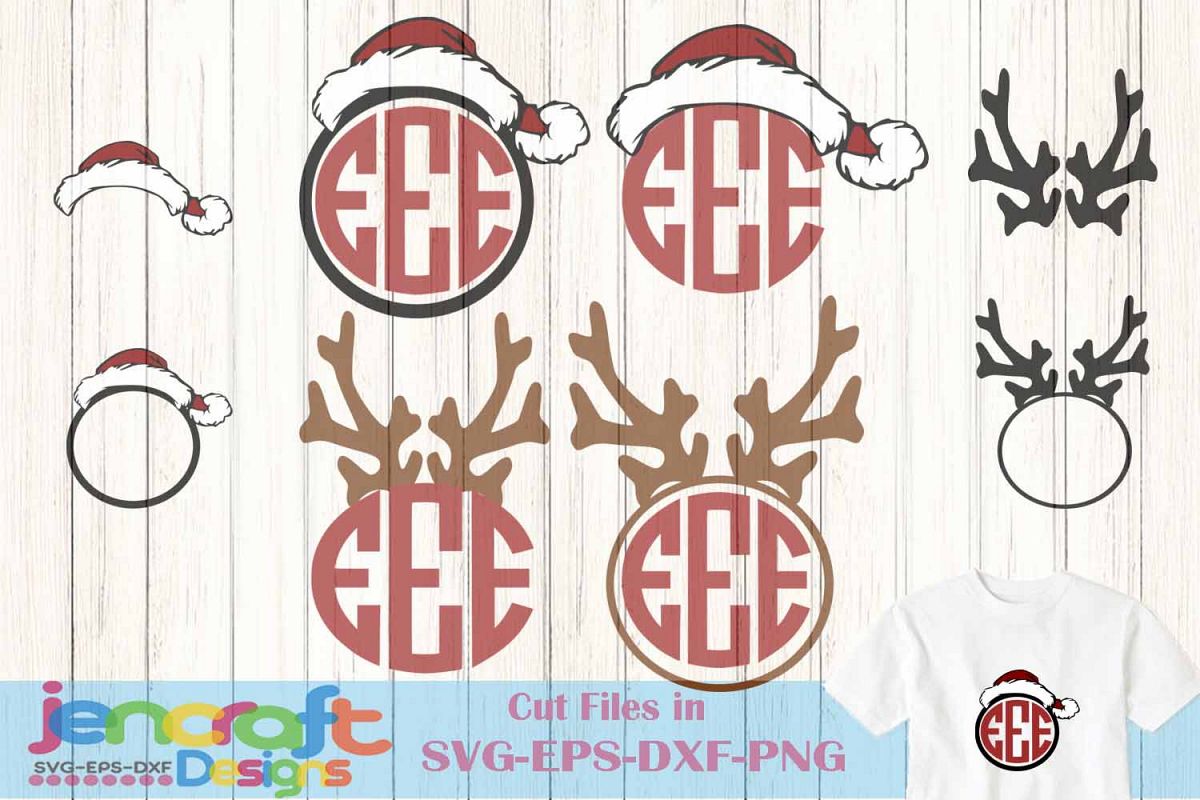 Antlers Bow Santa Hat monogram frame Deer SVG - Christmas example image 1