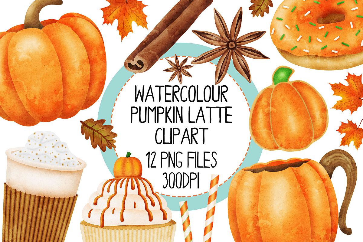 Watercolor Pumpkin Spice Clip Art Set 1 example image 1