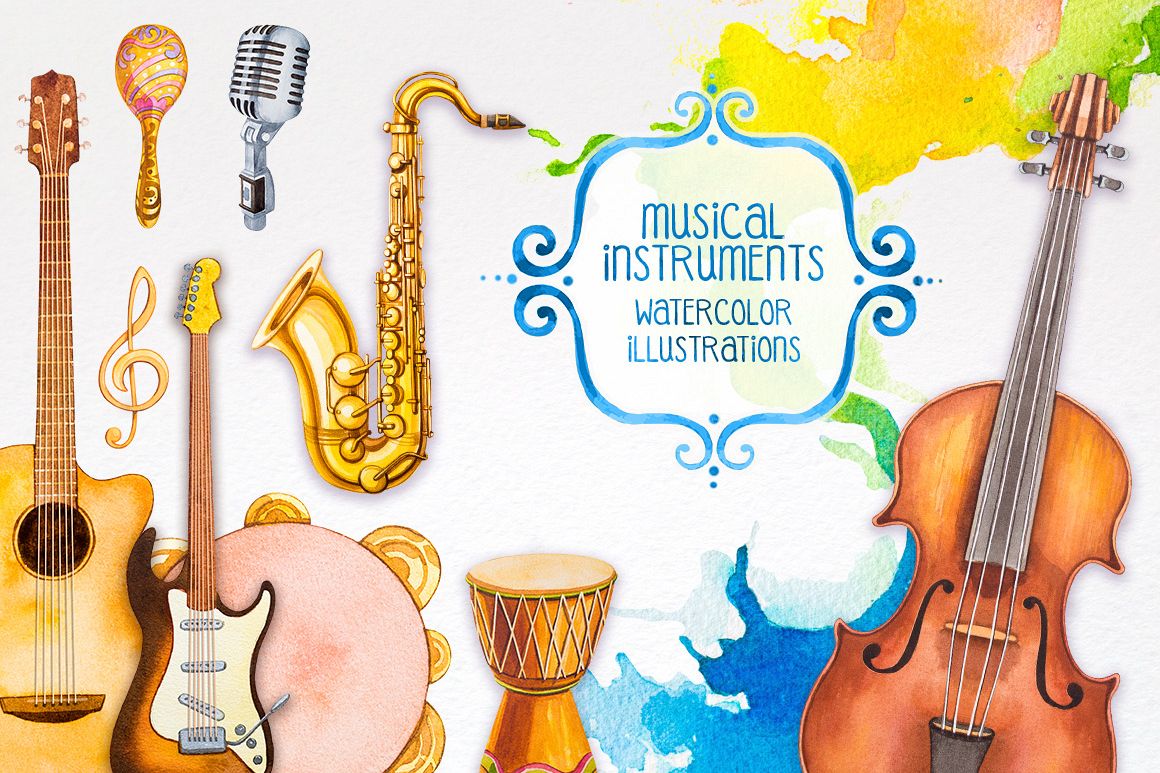 Musical instruments. Watercolor. example image 1