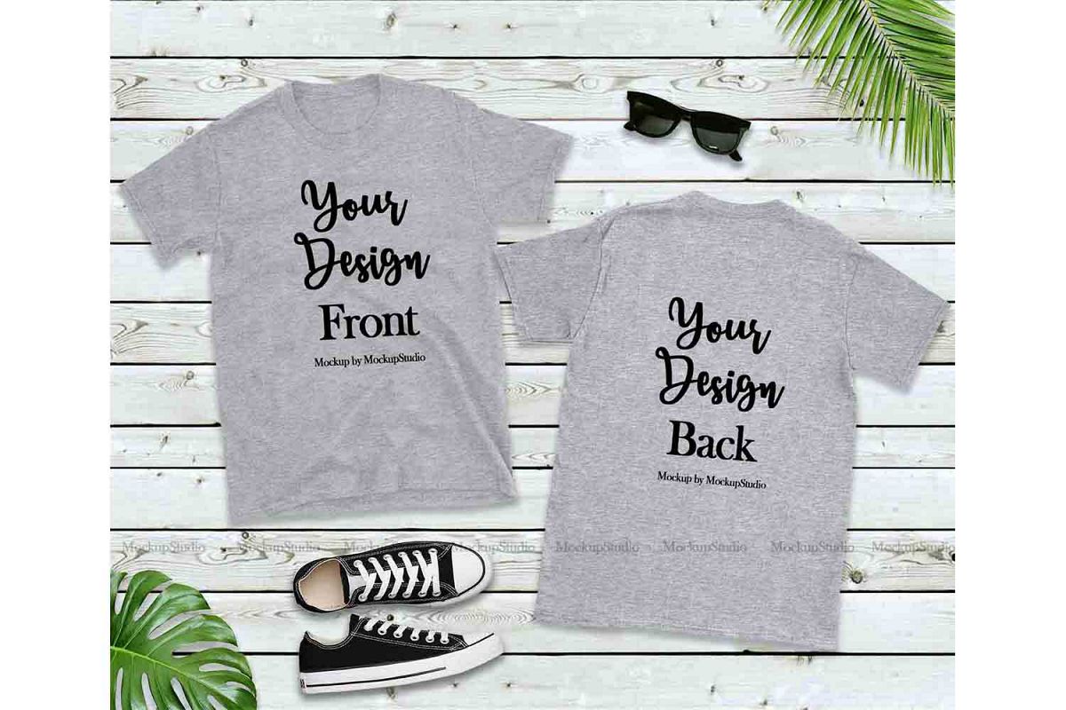 Front & Back Sports Gray Tshirt Mockup, Gildan 64000 Shirt example image 1