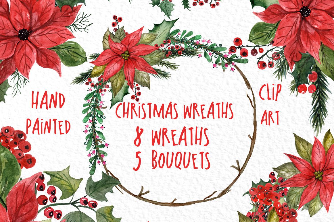 Watercolor Christmas Wreaths Clipart example image 1